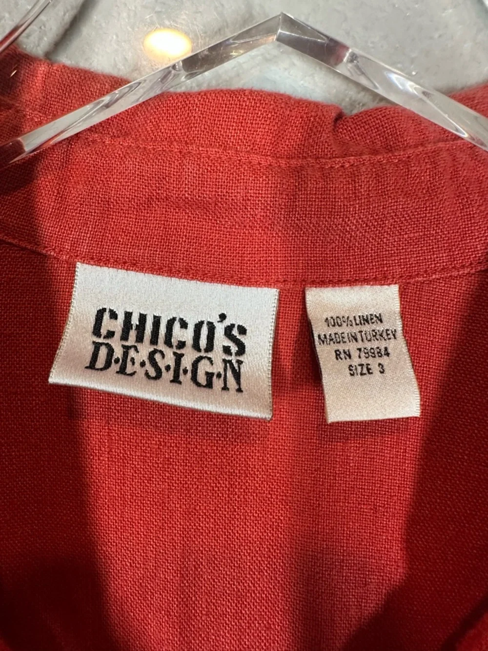VINTAGE CHICOS Women's 3/XL Orange Red Linen Button Down Boxy Collared Shirt - Picture 3 of 6